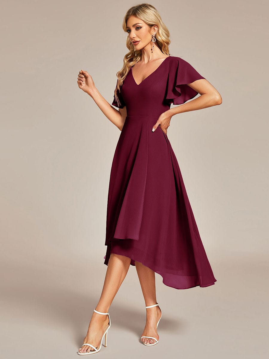 High Low Chiffon Wedding Guest Dress with V-Neck and Ruffle Sleeves #Color_Burgundy