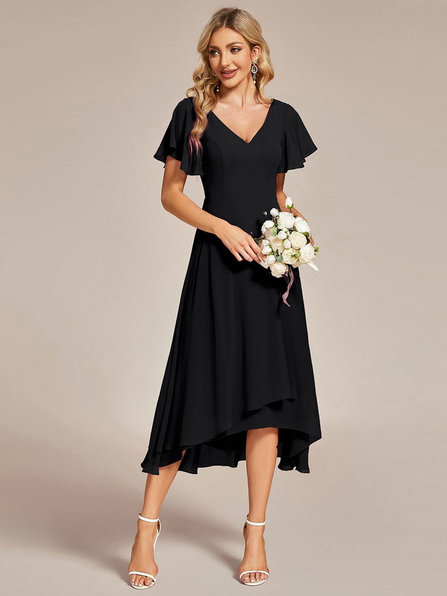 High Low Chiffon Wedding Guest Dress with V-Neck and Ruffle Sleeves #Color_Black