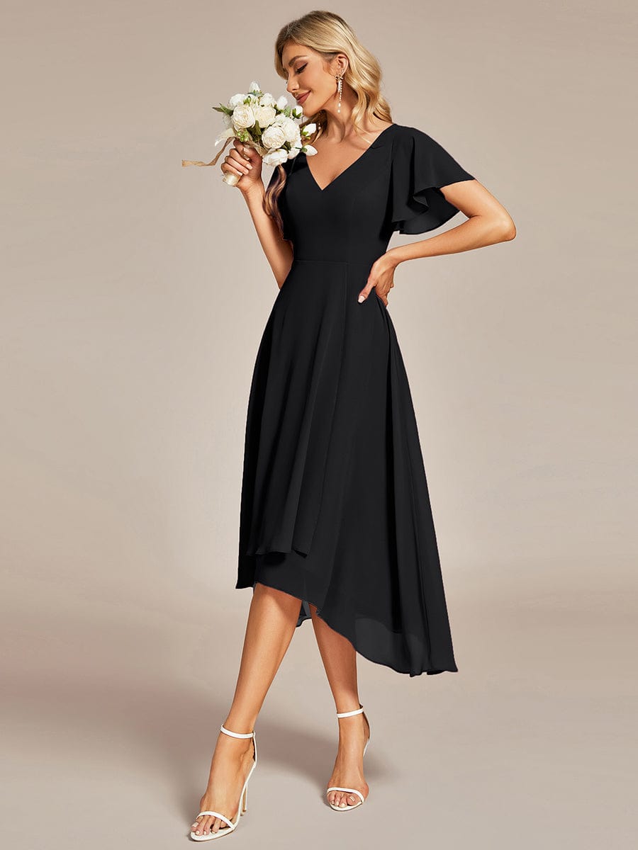 High Low Chiffon Wedding Guest Dress with V-Neck and Ruffle Sleeves #Color_Black