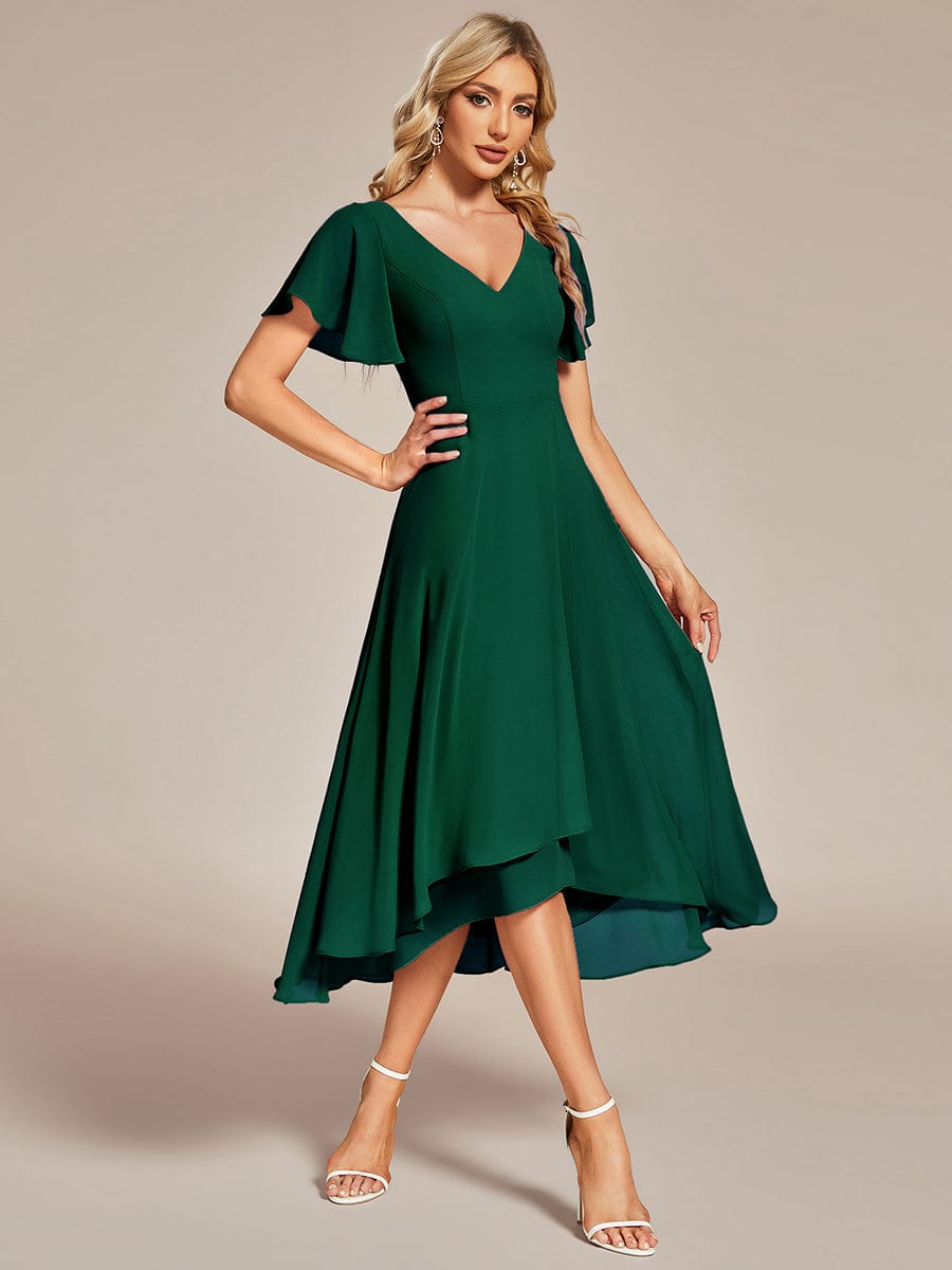 High Low Chiffon Wedding Guest Dress with V-Neck and Ruffle Sleeves #Color_Dark Green