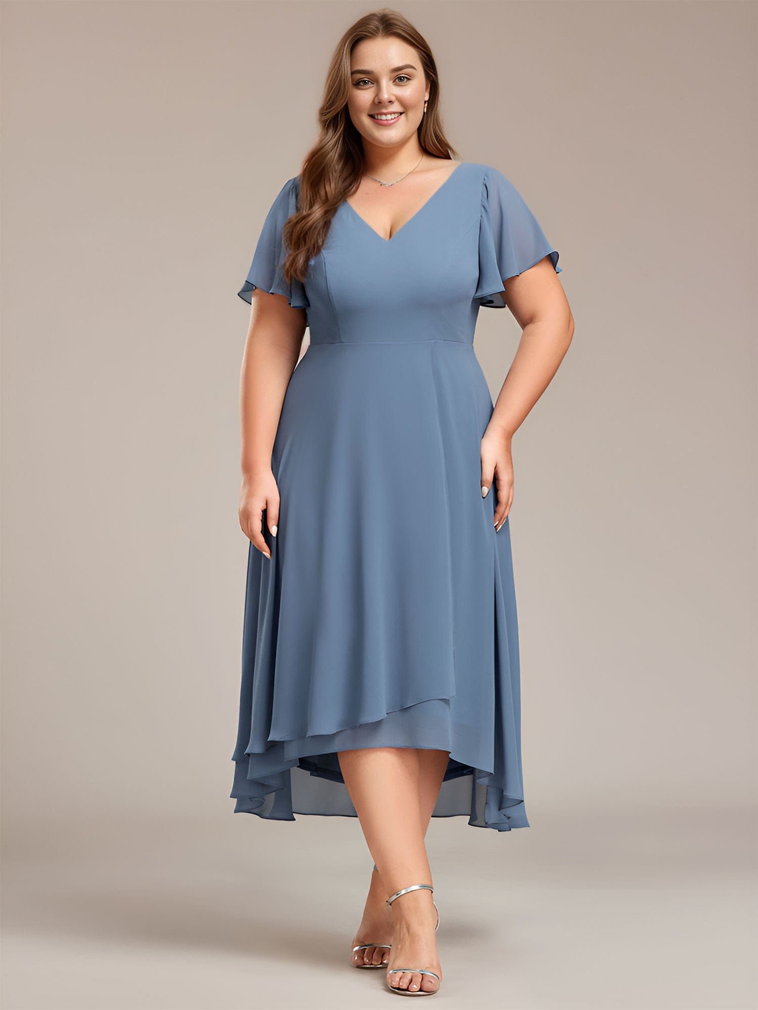 Plus Size High Low Chiffon Wedding Guest Dress with V-Neck and Ruffle Sleeves #Color_Dusty Navy