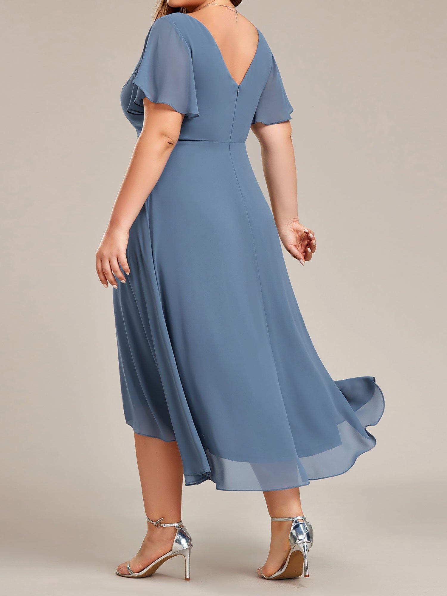 Plus Size High Low Chiffon Wedding Guest Dress with V-Neck and Ruffle Sleeves #Color_Dusty Navy