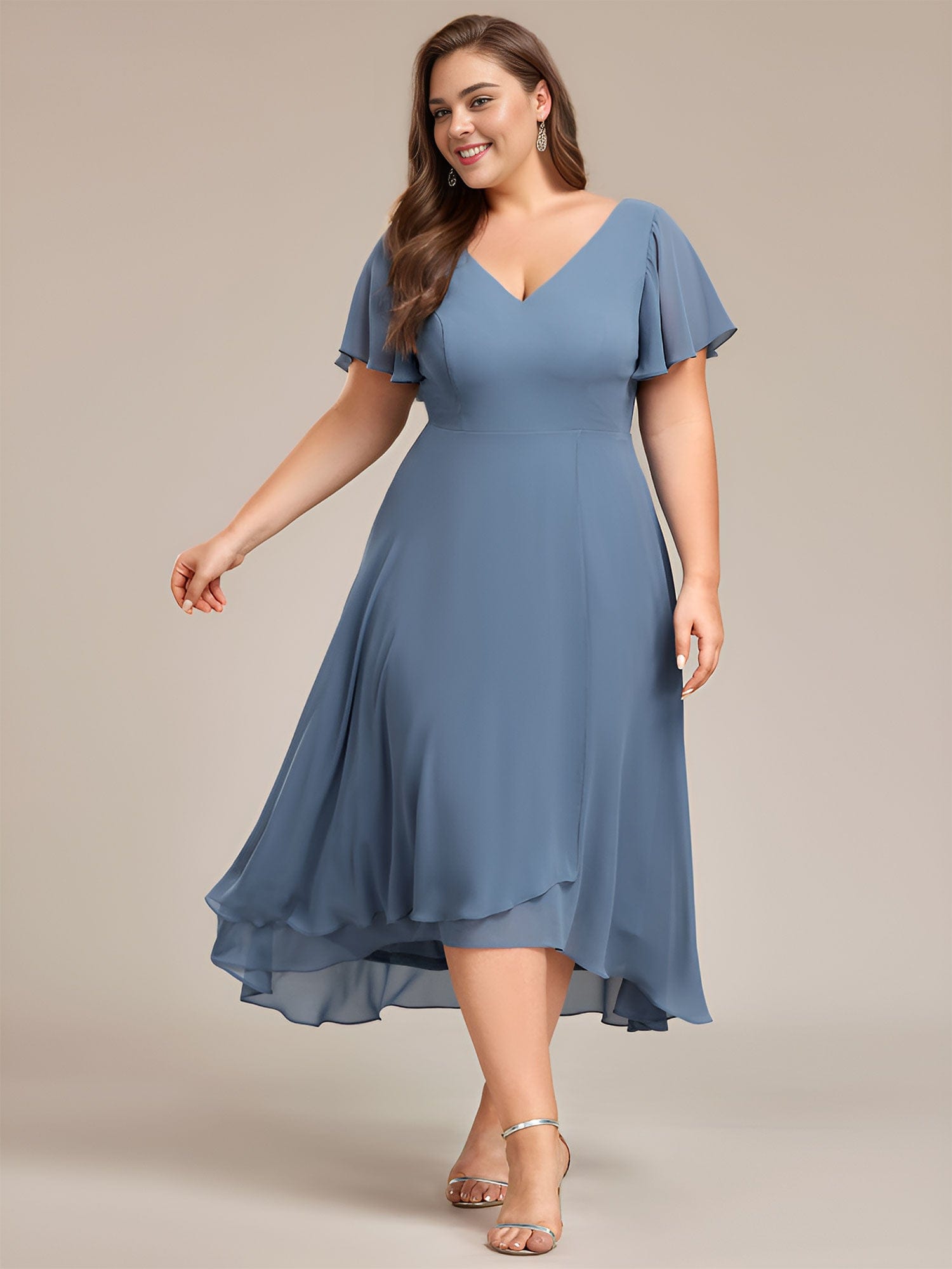 Plus Size High Low Chiffon Wedding Guest Dress with V-Neck and Ruffle Sleeves #Color_Dusty Navy