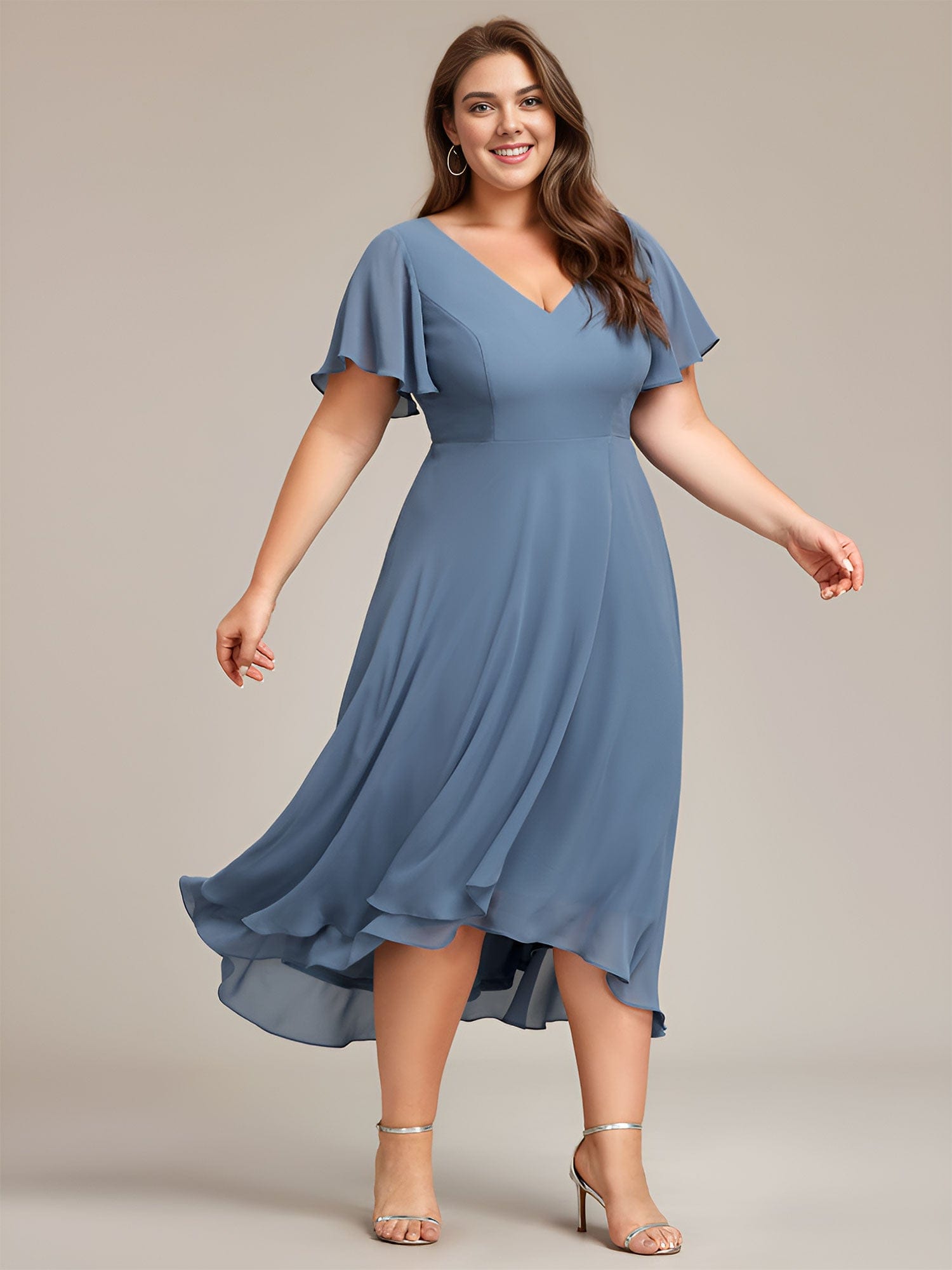 Plus Size High Low Chiffon Wedding Guest Dress with V-Neck and Ruffle Sleeves #Color_Dusty Navy