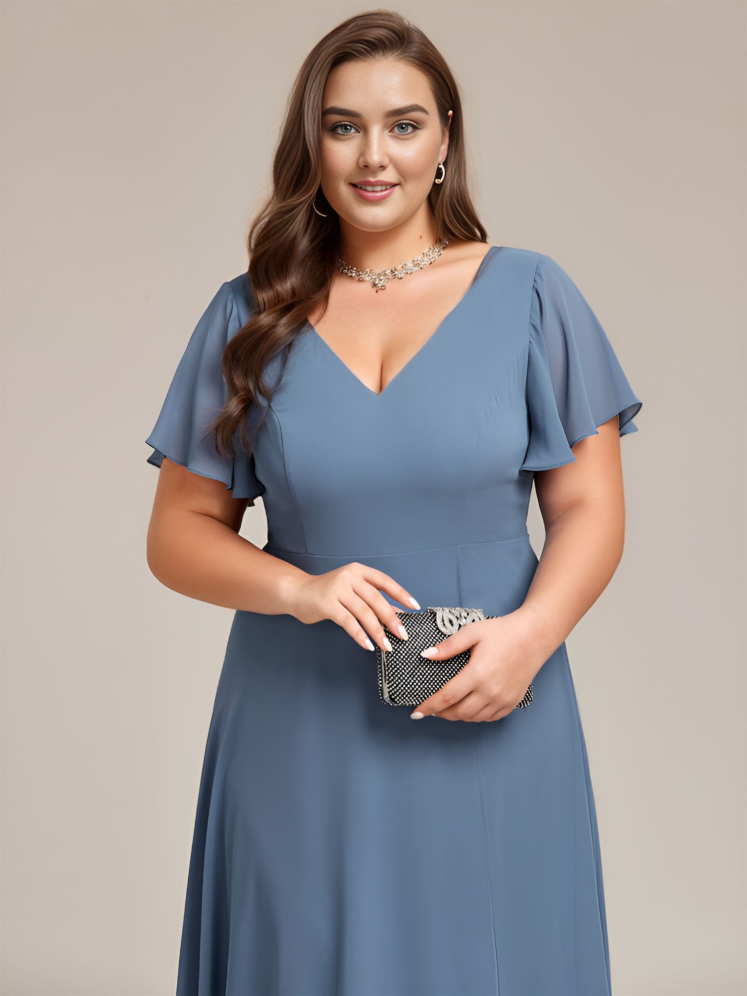 Plus Size High Low Chiffon Wedding Guest Dress with V-Neck and Ruffle Sleeves #Color_Dusty Navy