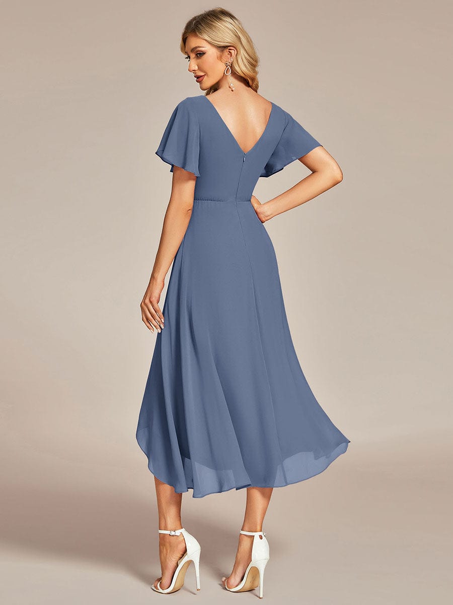 High Low Chiffon Wedding Guest Dress with V-Neck and Ruffle Sleeves #Color_Dusty Navy