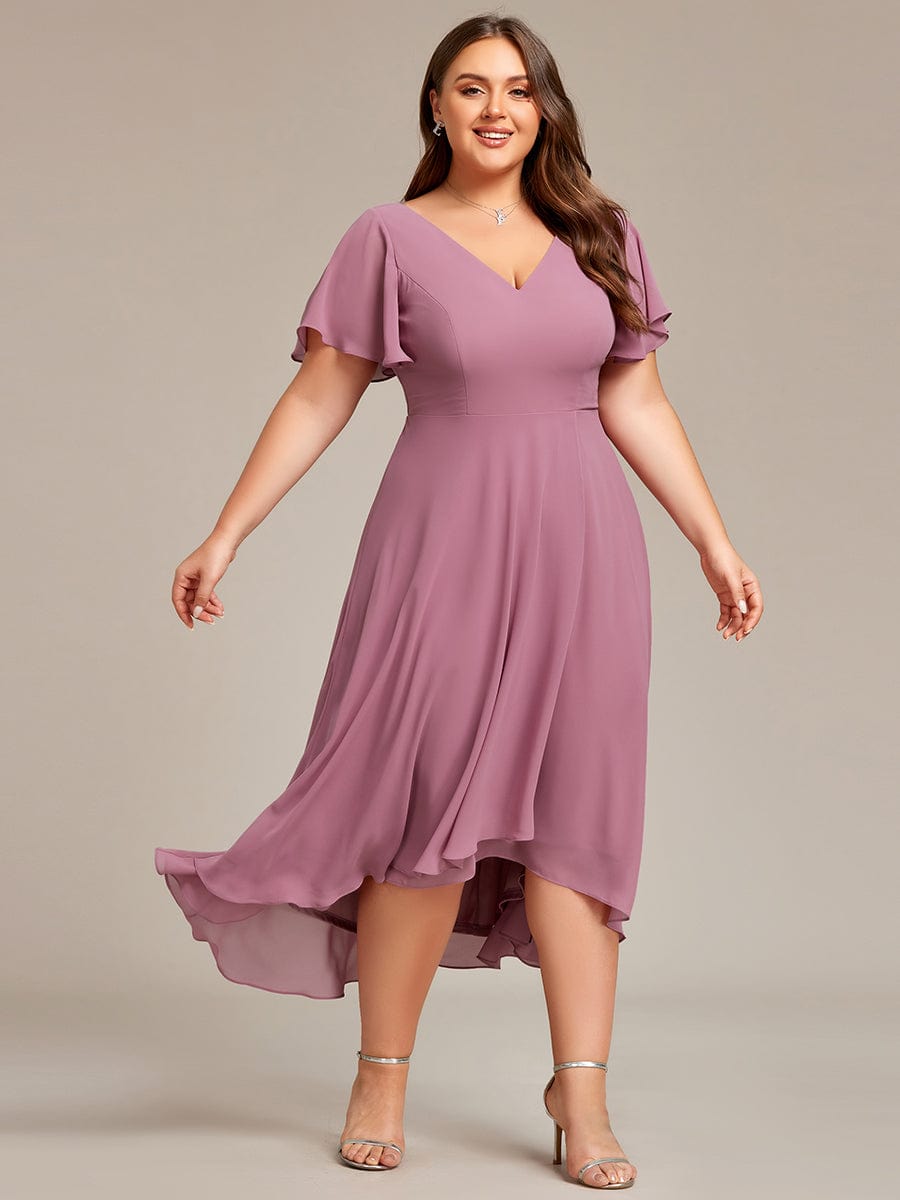 Plus Size High Low Chiffon Wedding Guest Dress with V-Neck and Ruffle Sleeves #Color_Purple Orchid