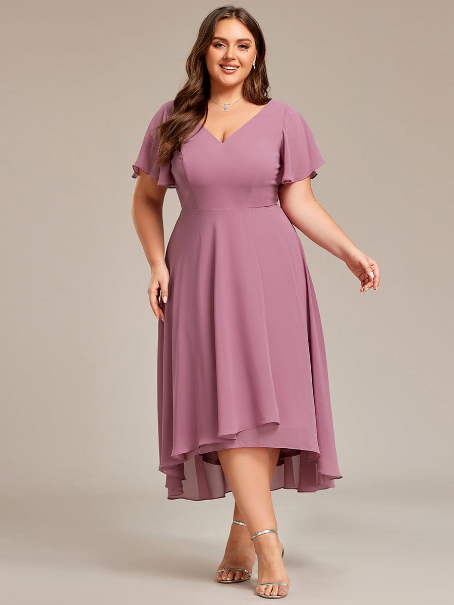 High Low Chiffon Wedding Guest Dress with V-Neck and Ruffle Sleeves #Color_Purple Orchid