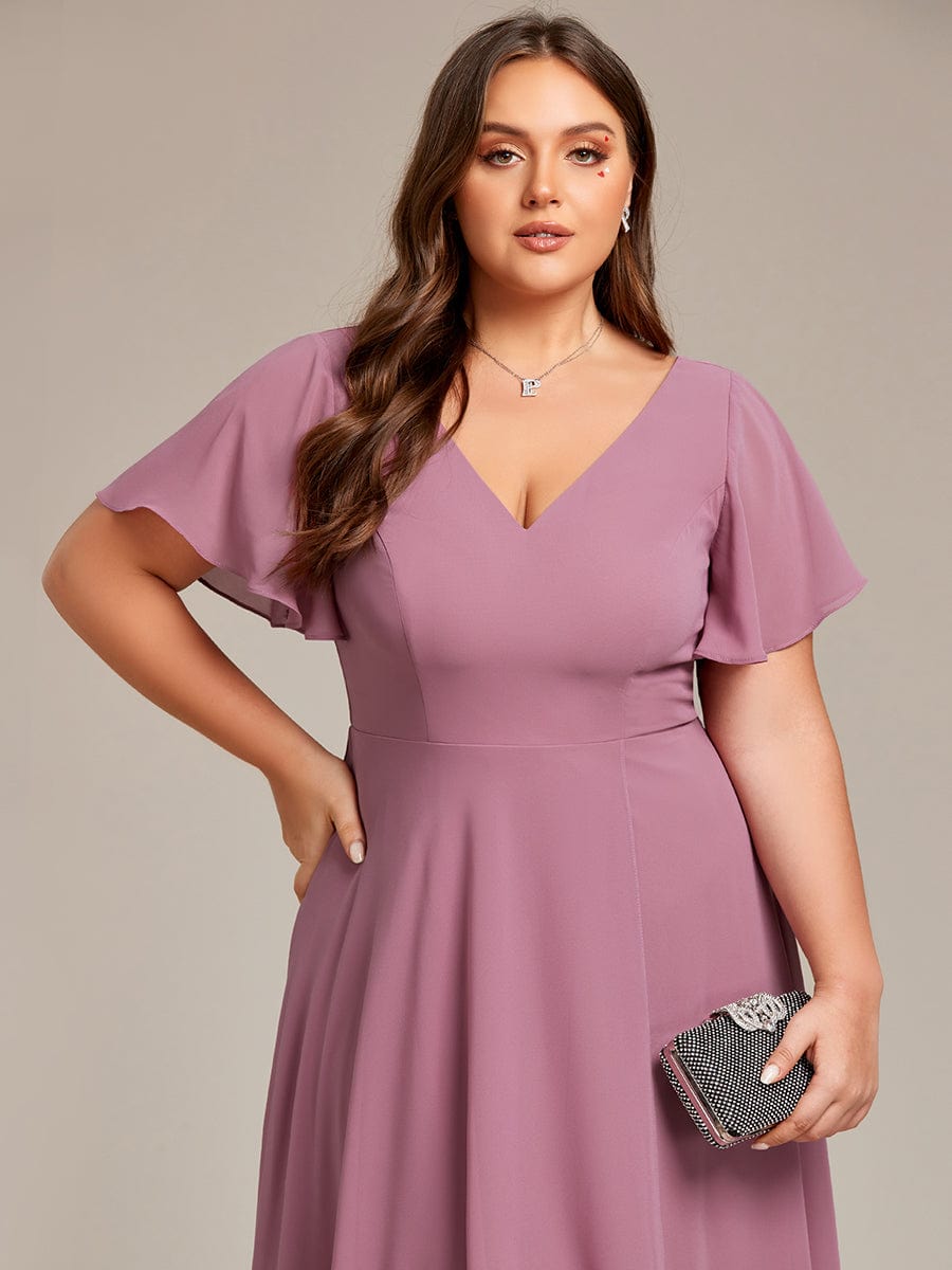 Plus Size High Low Chiffon Wedding Guest Dress with V-Neck and Ruffle Sleeves #Color_Purple Orchid