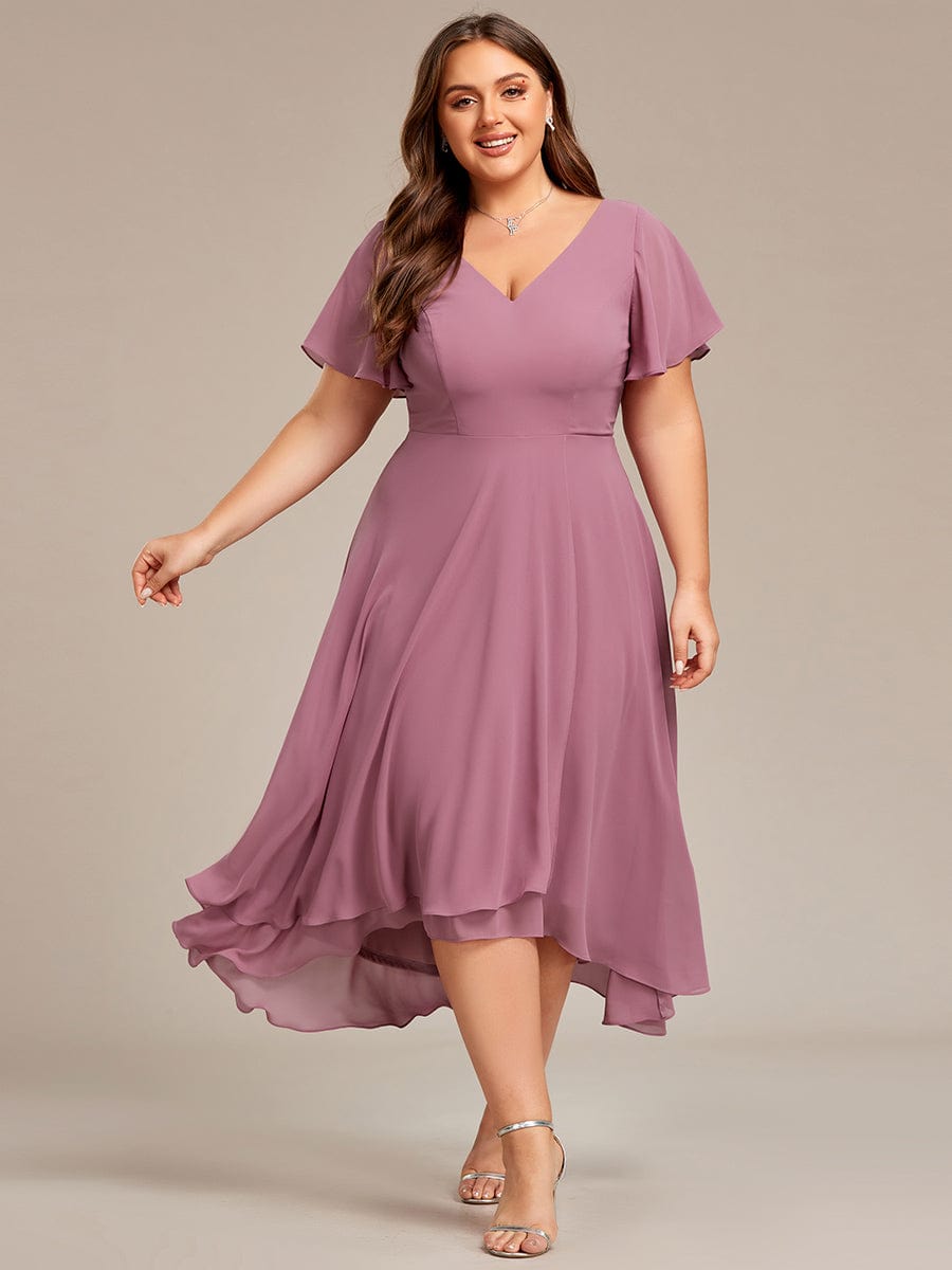 Plus Size High Low Chiffon Wedding Guest Dress with V-Neck and Ruffle Sleeves #Color_Purple Orchid