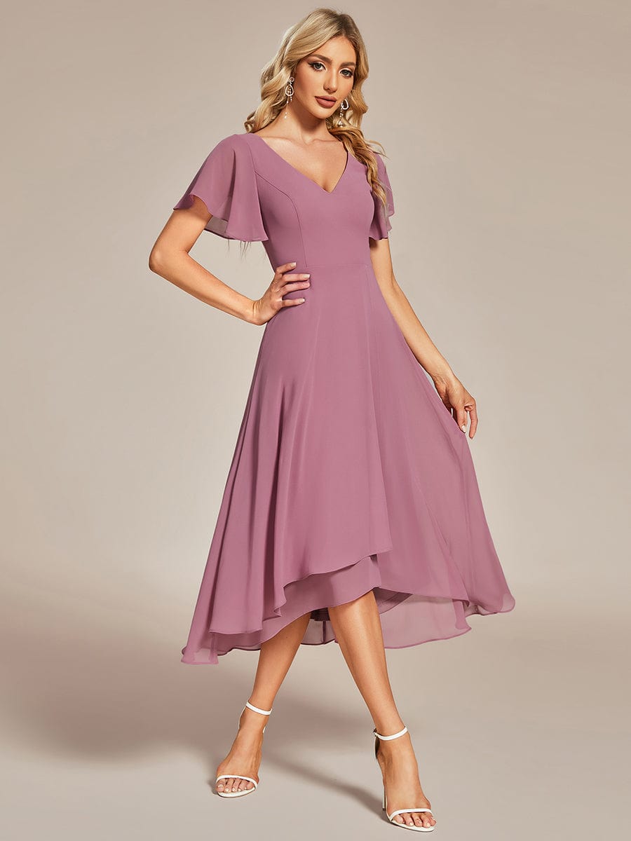 High Low Chiffon Wedding Guest Dress with V-Neck and Ruffle Sleeves #Color_Purple Orchid