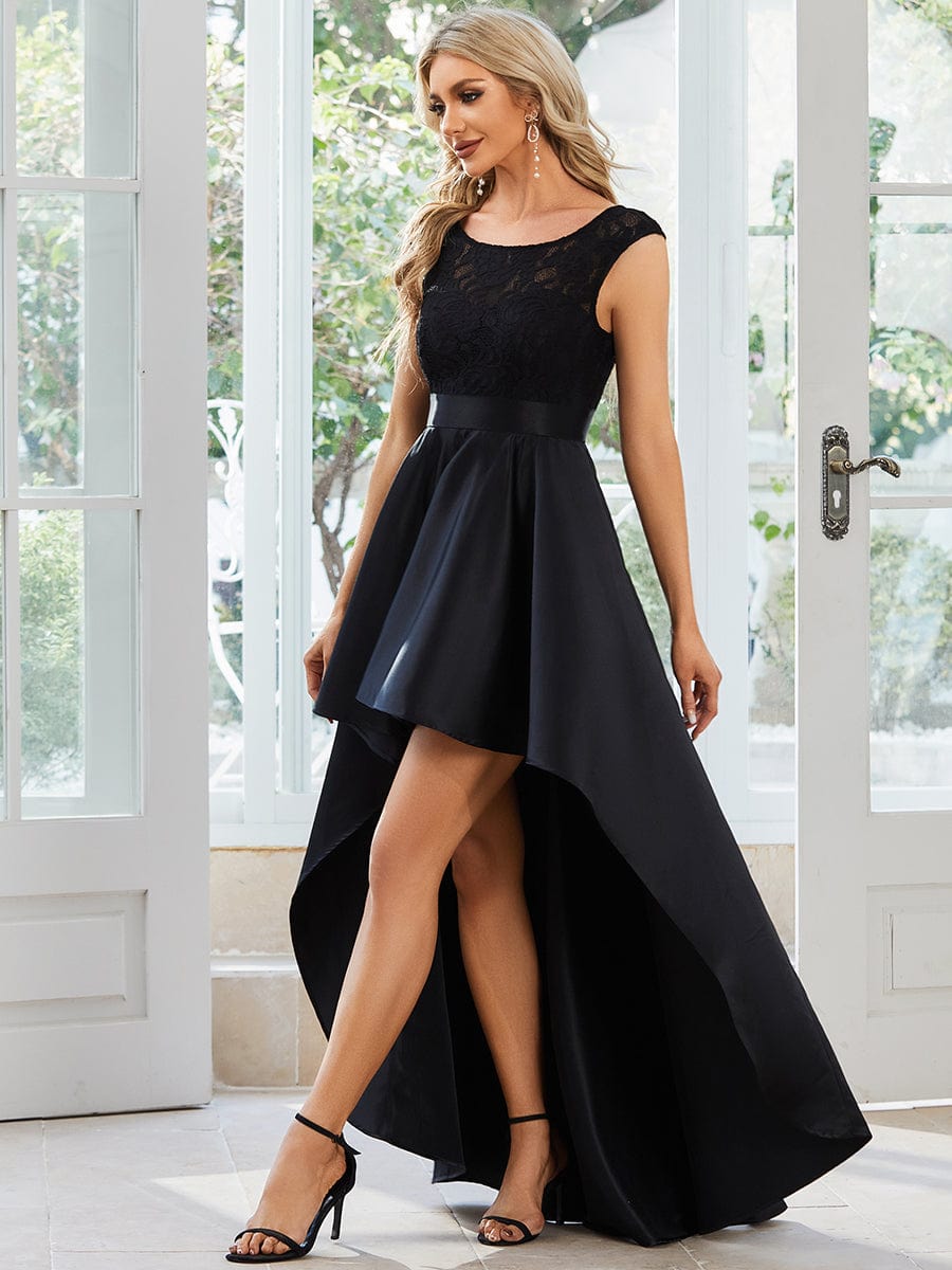 Elegant Sleeveless High-low Lace Top Wedding Guest Dress #color_Black