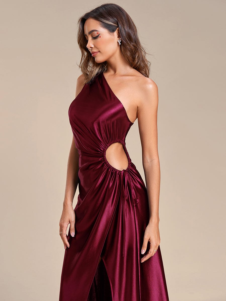 Elegant One Shoulder Cut Out High Split Satin Wedding Guest Dress #color_Burgundy