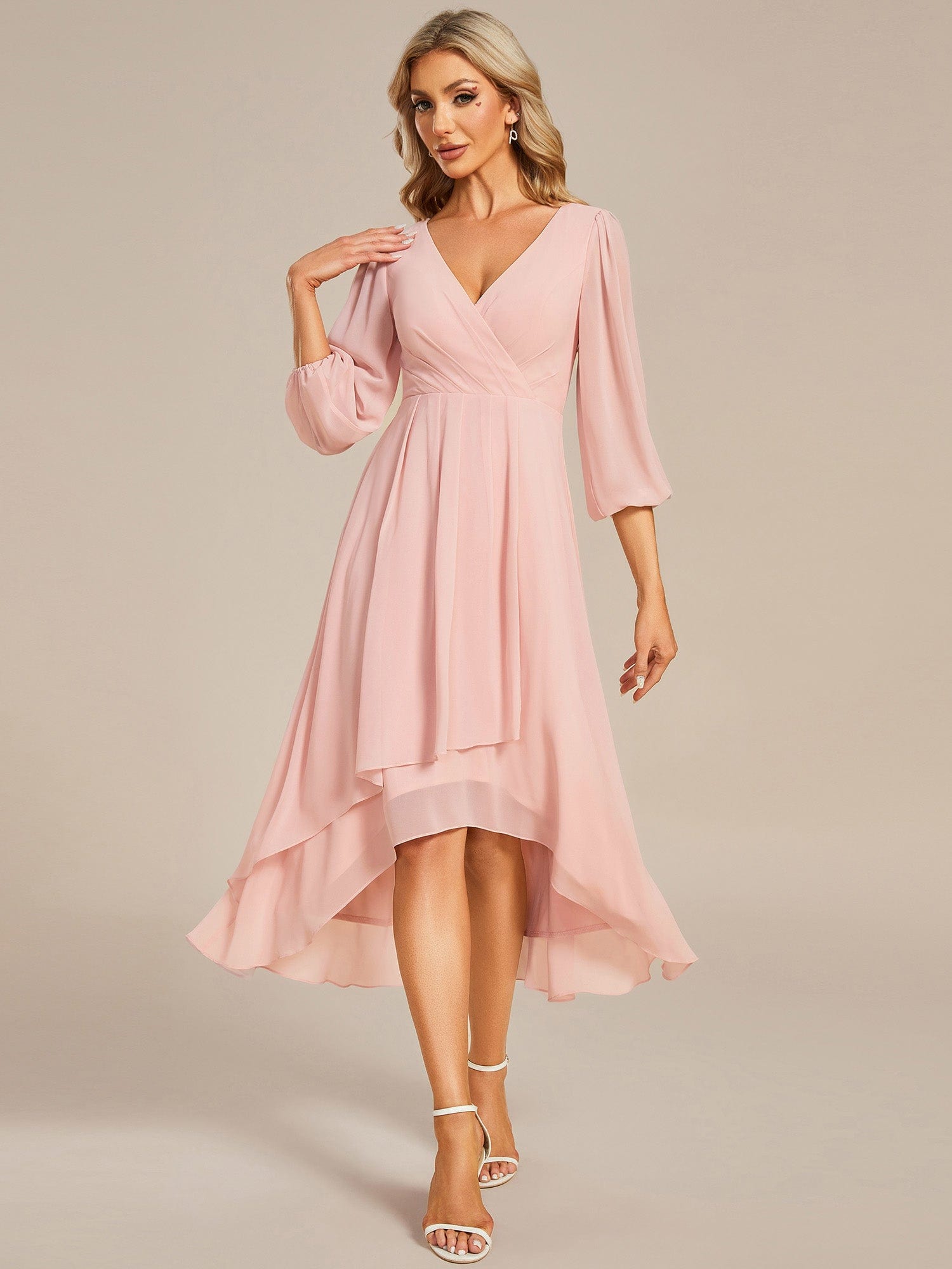 Chiffon Long Sleeve V-Neck High-Low Wedding Guest Dress #color_Pink