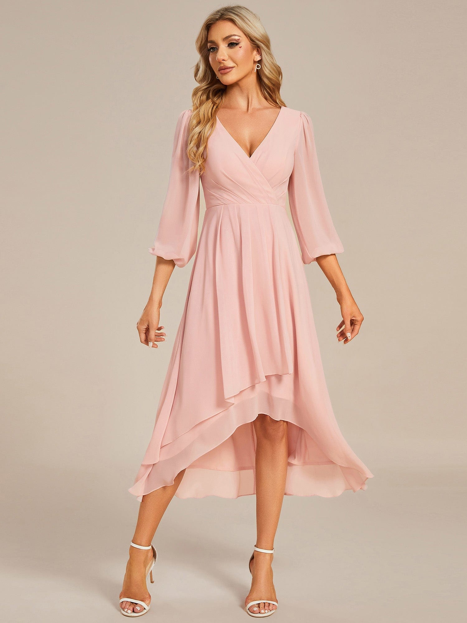 Chiffon Long Sleeve V-Neck High-Low Wedding Guest Dress #color_Pink