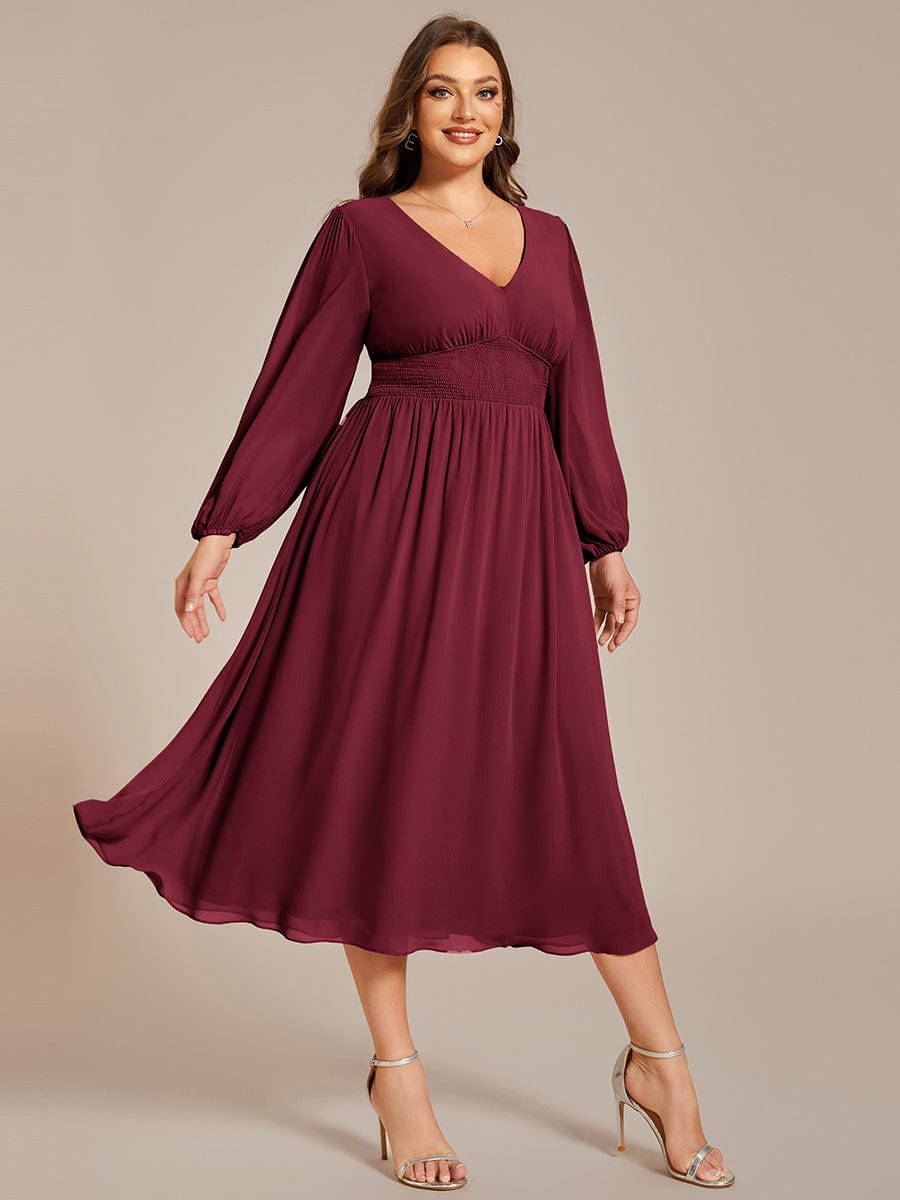 Plus Size Elegant V Neck Long Sleeves Midi Wedding Guest Dress #color_Burgundy