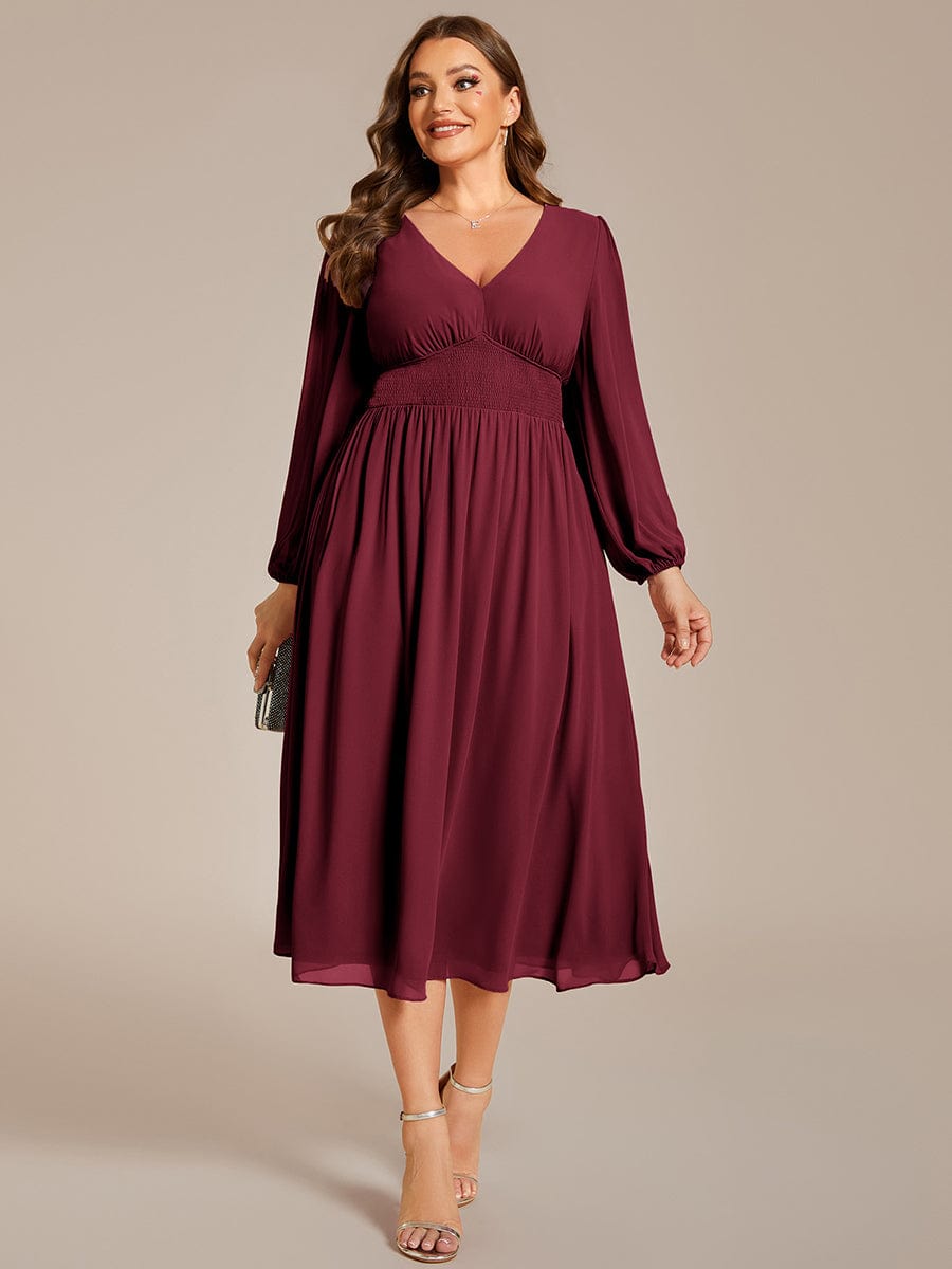 Plus Size Elegant V Neck Long Sleeves Midi Wedding Guest Dress #color_Burgundy