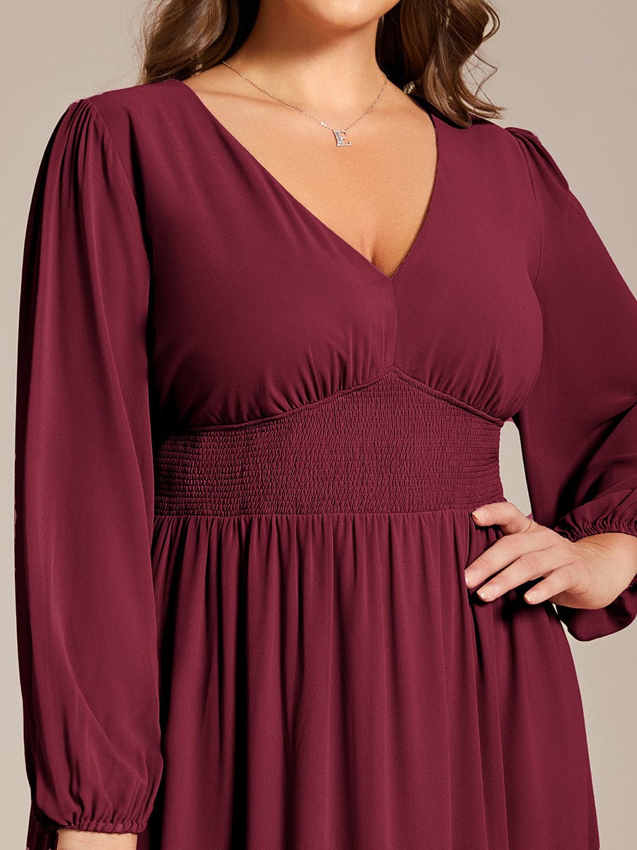 Plus Size Elegant V Neck Long Sleeves Midi Wedding Guest Dress #color_Burgundy