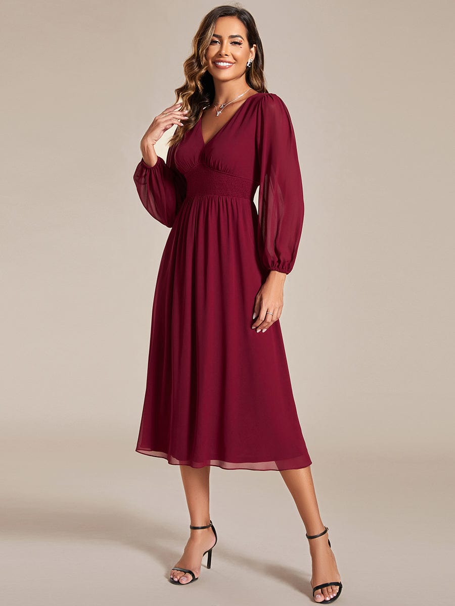 Elegant V Neck Long Sleeves Midi Wedding Guest Dress #color_Burgundy