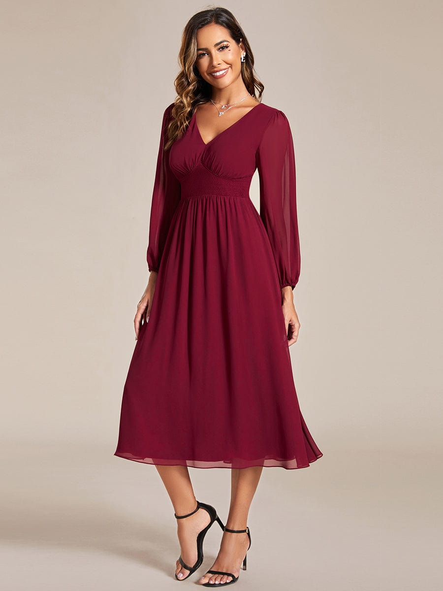 Elegant V Neck Long Sleeves Midi Wedding Guest Dress #color_Burgundy