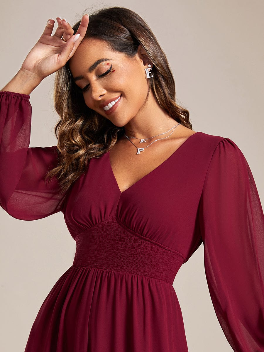 Elegant V Neck Long Sleeves Midi Wedding Guest Dress #color_Burgundy