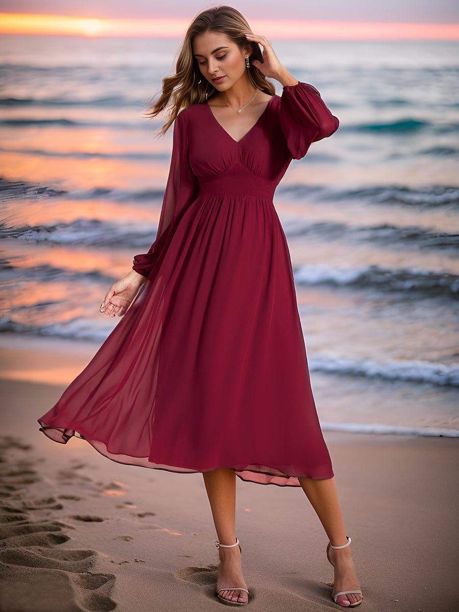 Elegant V Neck Long Sleeves Midi Wedding Guest Dress #color_Burgundy