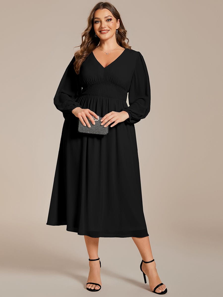 Plus Size Elegant V Neck Long Sleeves Midi Wedding Guest Dress #color_Black