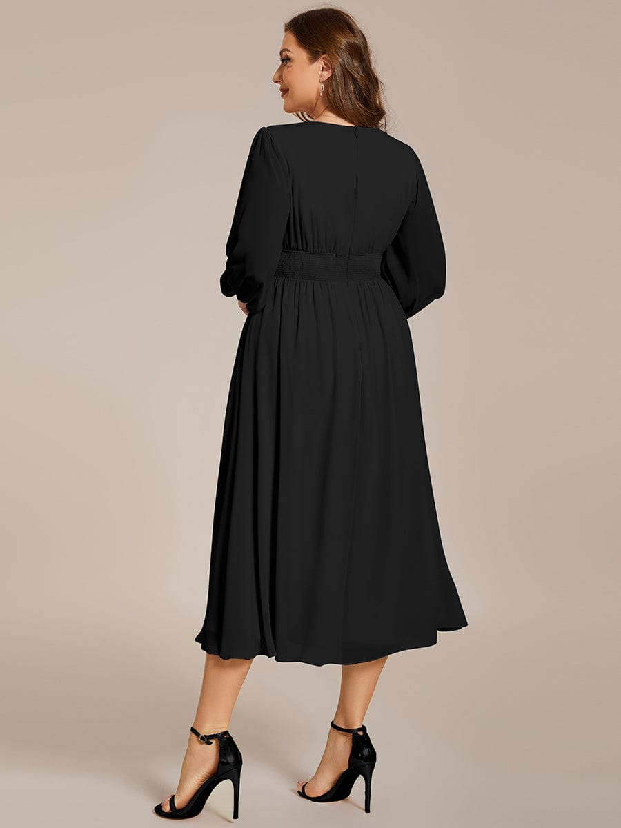 Elegant V Neck Long Sleeves Midi Wedding Guest Dress #color_Black