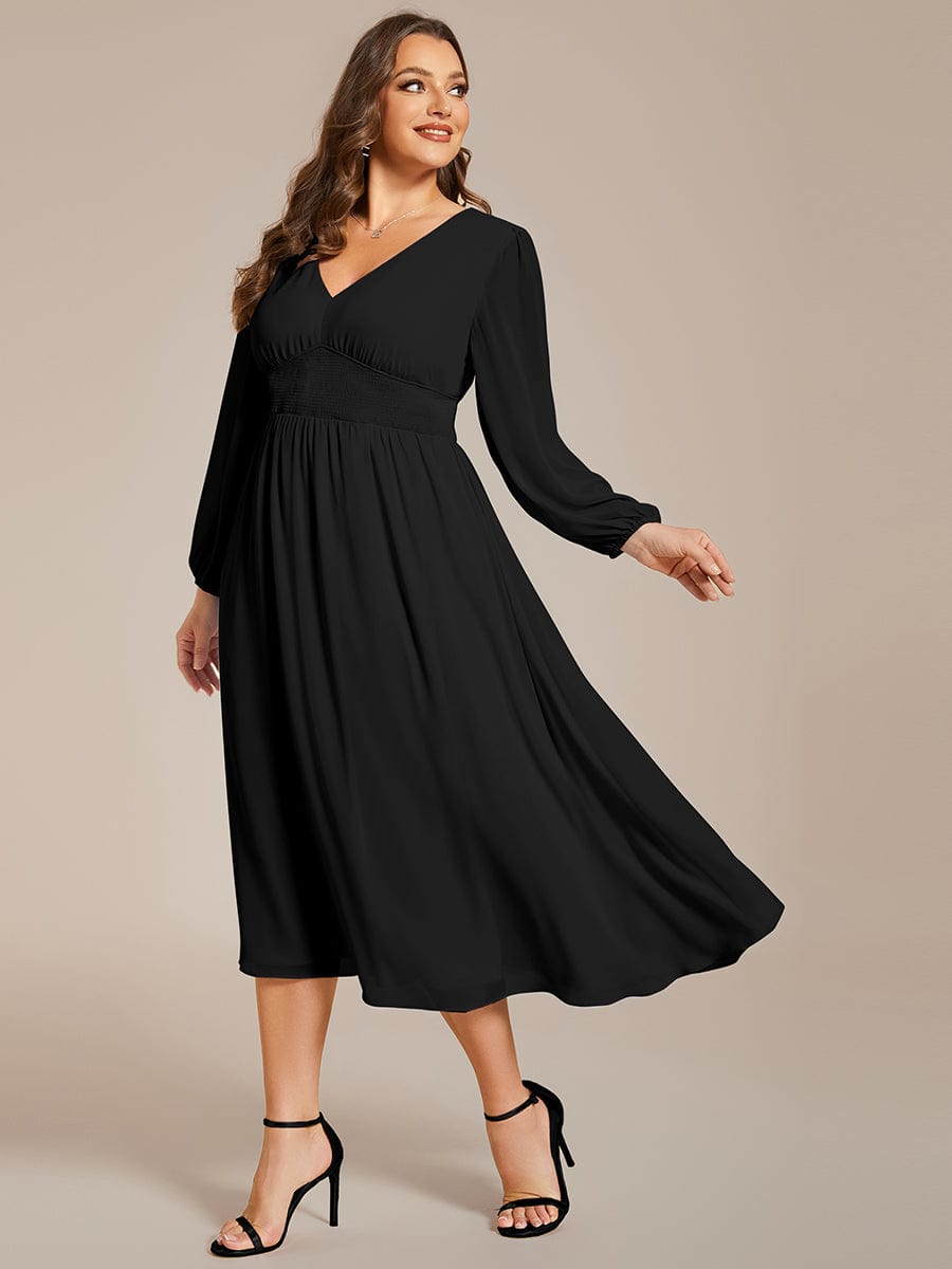 Plus Size Elegant V Neck Long Sleeves Midi Wedding Guest Dress #color_Black