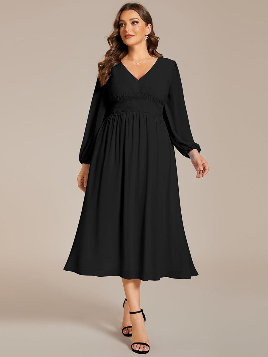 Elegant V Neck Long Sleeves Midi Wedding Guest Dress #color_Black