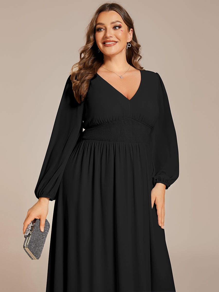 Plus Size Elegant V Neck Long Sleeves Midi Wedding Guest Dress #color_Black