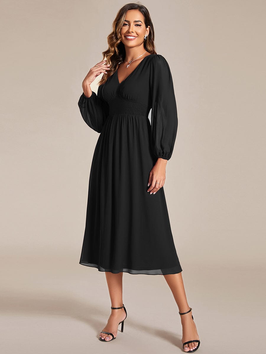 Elegant V Neck Long Sleeves Midi Wedding Guest Dress #color_Black