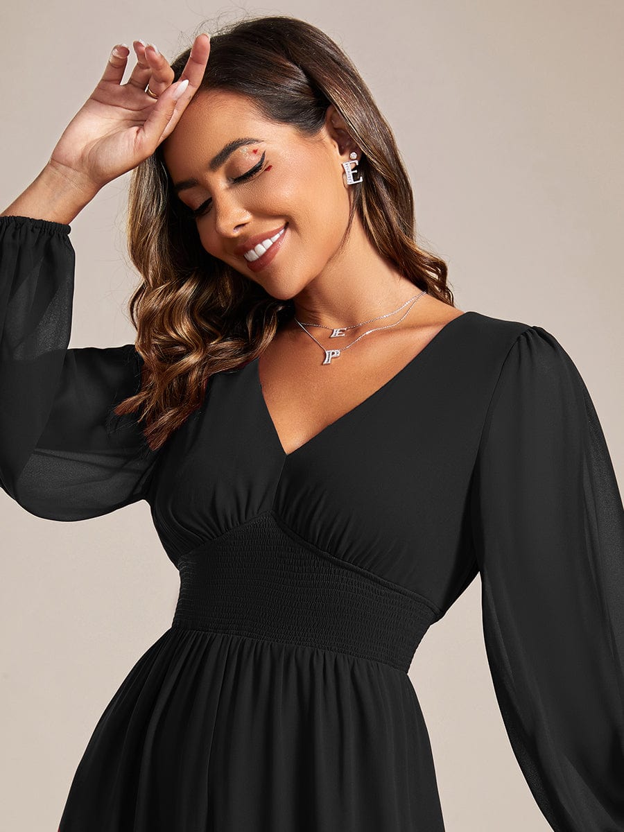 Elegant V Neck Long Sleeves Midi Wedding Guest Dress #color_Black