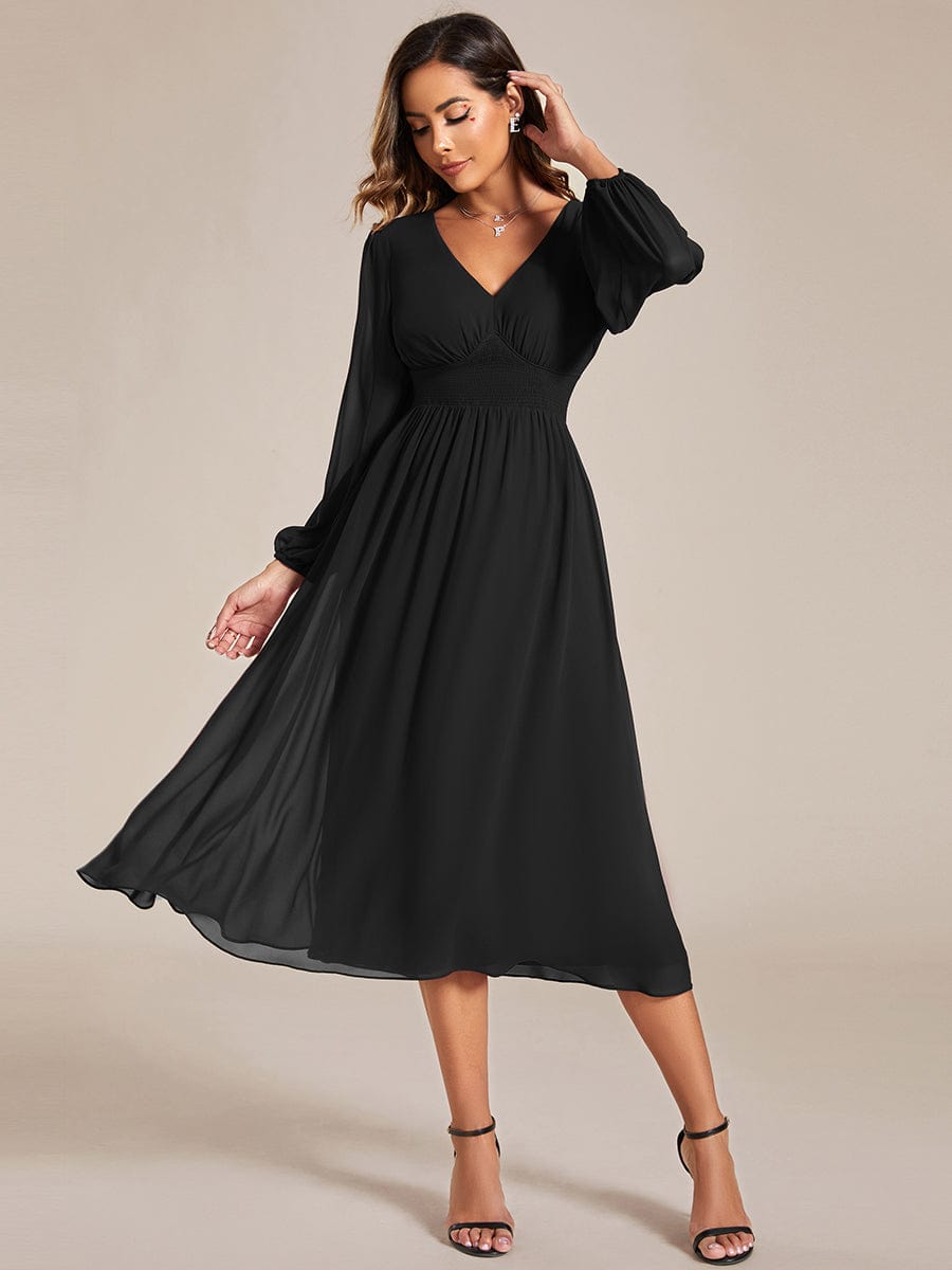 Elegant V Neck Long Sleeves Midi Wedding Guest Dress #color_Black