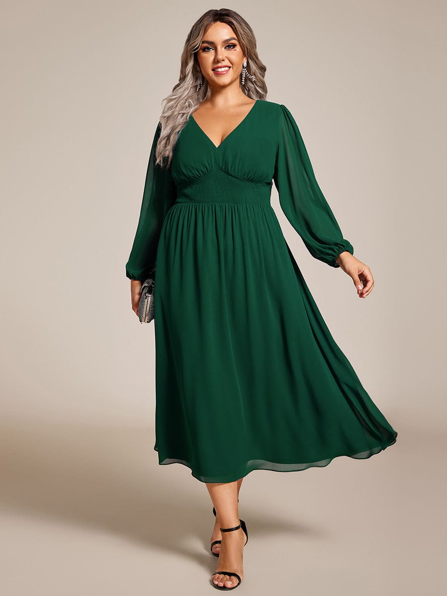 Plus Size Elegant V Neck Long Sleeves Midi Wedding Guest Dress #color_Dark Green