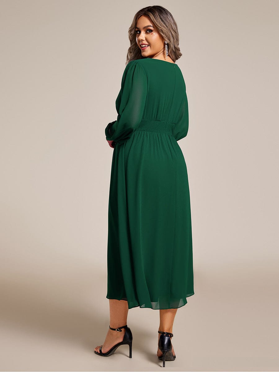 Plus Size Elegant V Neck Long Sleeves Midi Wedding Guest Dress #color_Dark Green