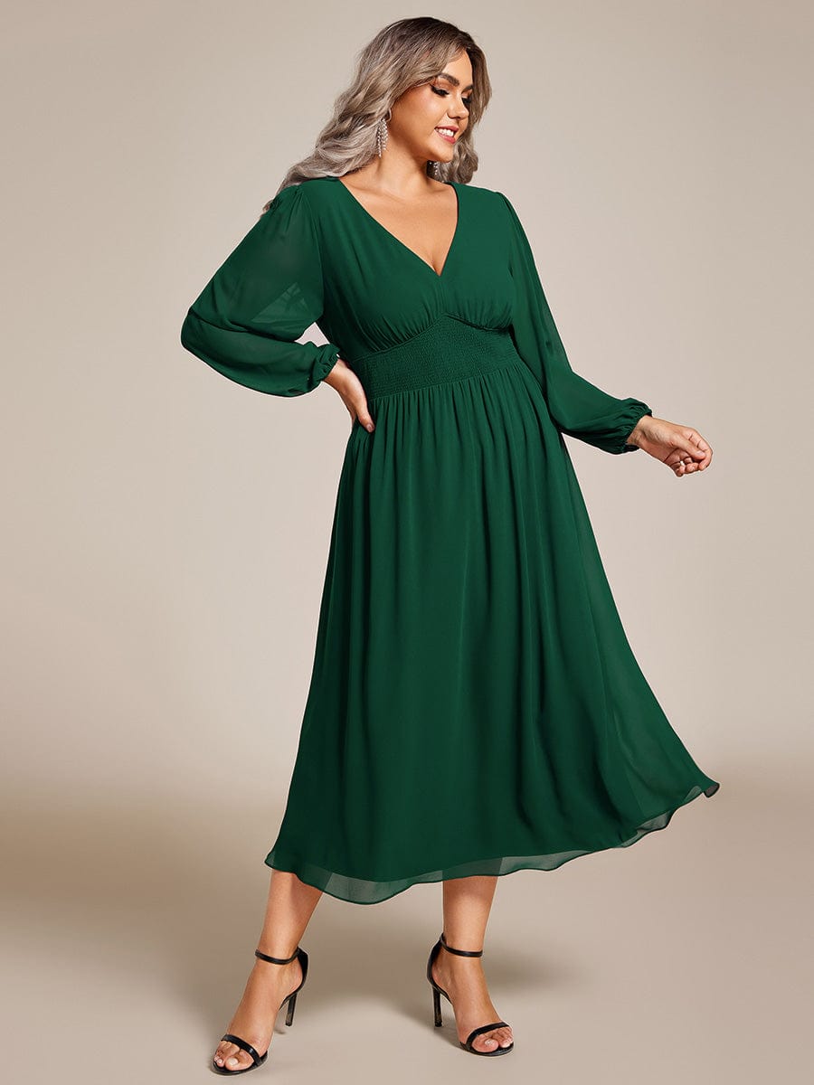 Plus Size Elegant V Neck Long Sleeves Midi Wedding Guest Dress #color_Dark Green