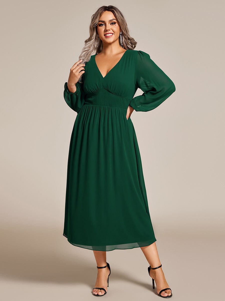 Plus Size Elegant V Neck Long Sleeves Midi Wedding Guest Dress #color_Dark Green