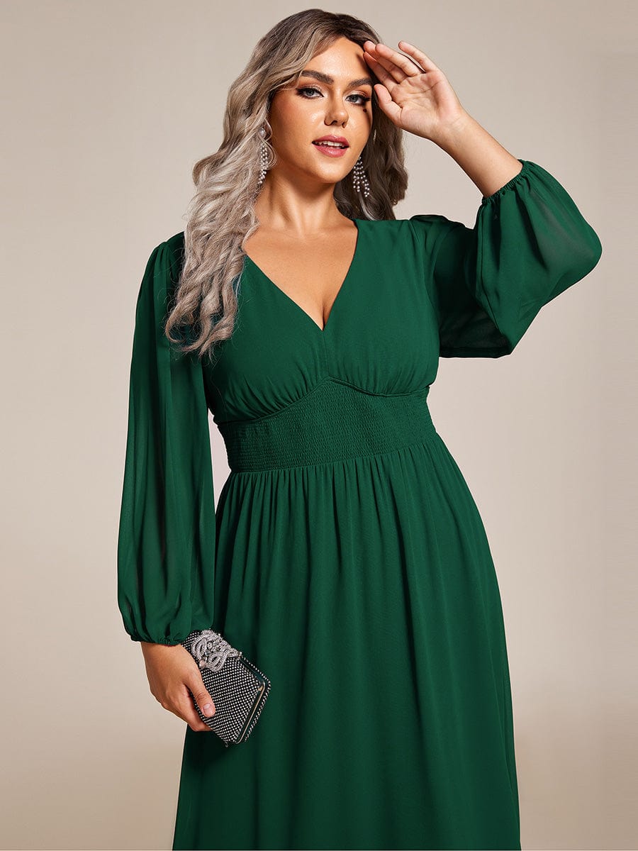 Plus Size Elegant V Neck Long Sleeves Midi Wedding Guest Dress #color_Dark Green