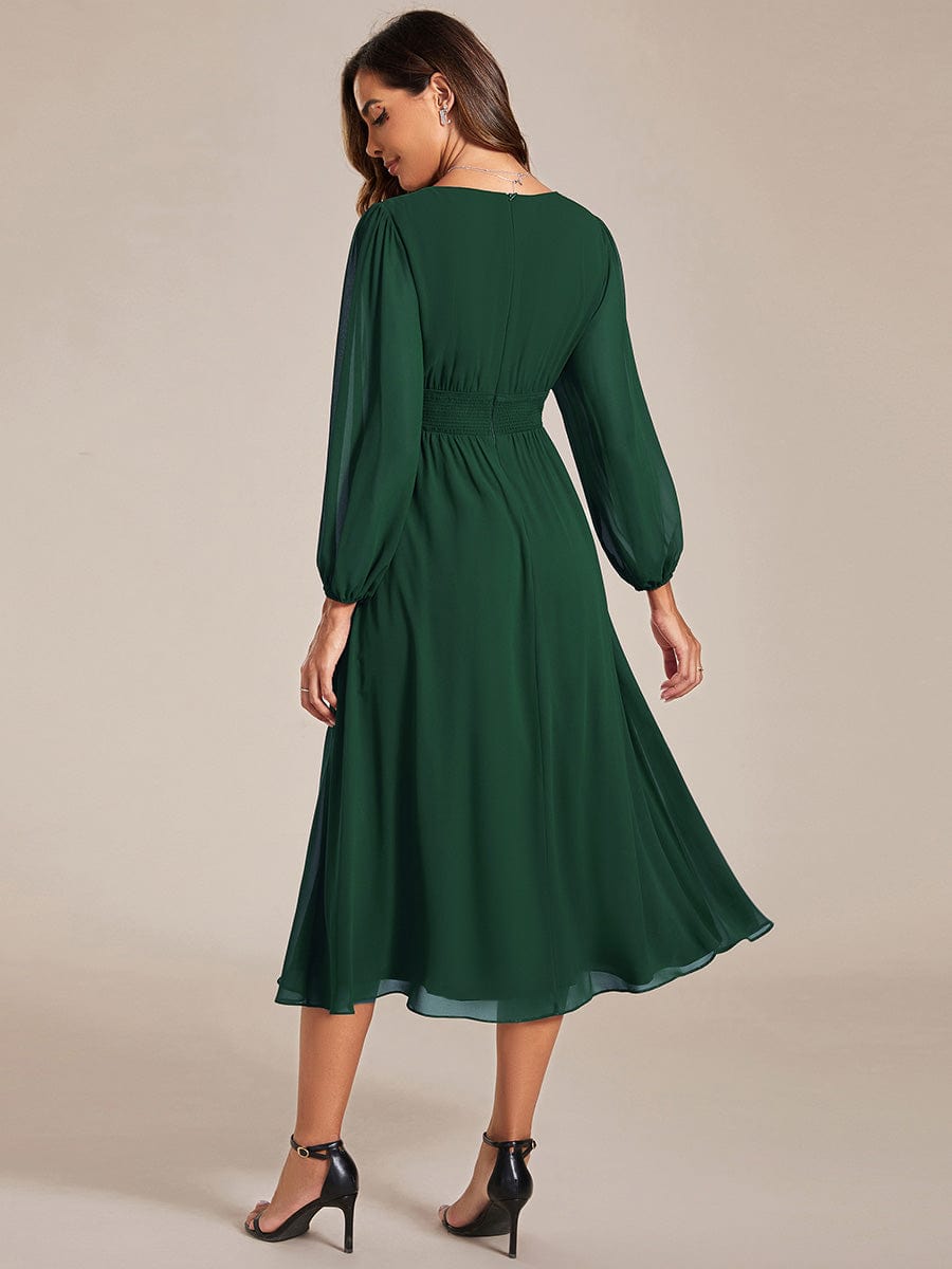 Elegant V Neck Long Sleeves Midi Wedding Guest Dress #color_Dark Green