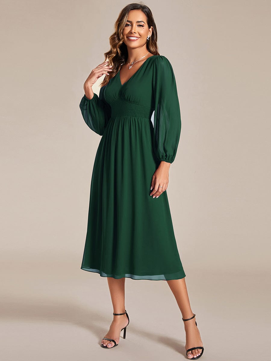 Elegant V Neck Long Sleeves Midi Wedding Guest Dress #color_Dark Green