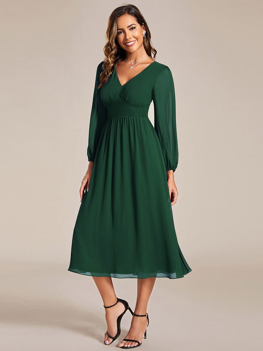 Elegant V Neck Long Sleeves Midi Wedding Guest Dress #color_Dark Green