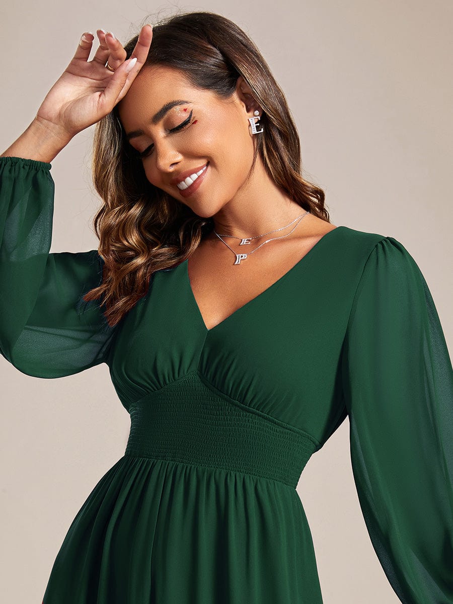 Elegant V Neck Long Sleeves Midi Wedding Guest Dress #color_Dark Green