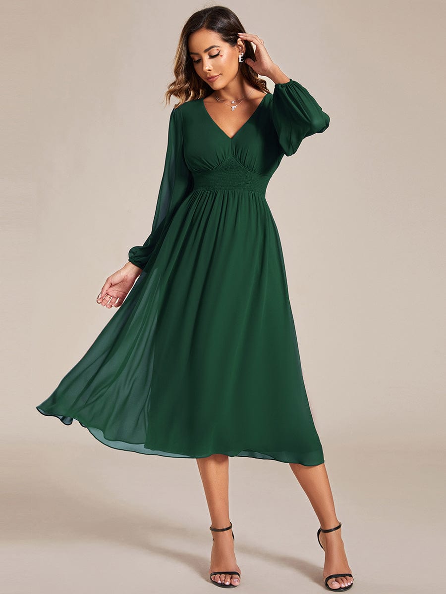 Elegant V Neck Long Sleeves Midi Wedding Guest Dress #color_Dark Green