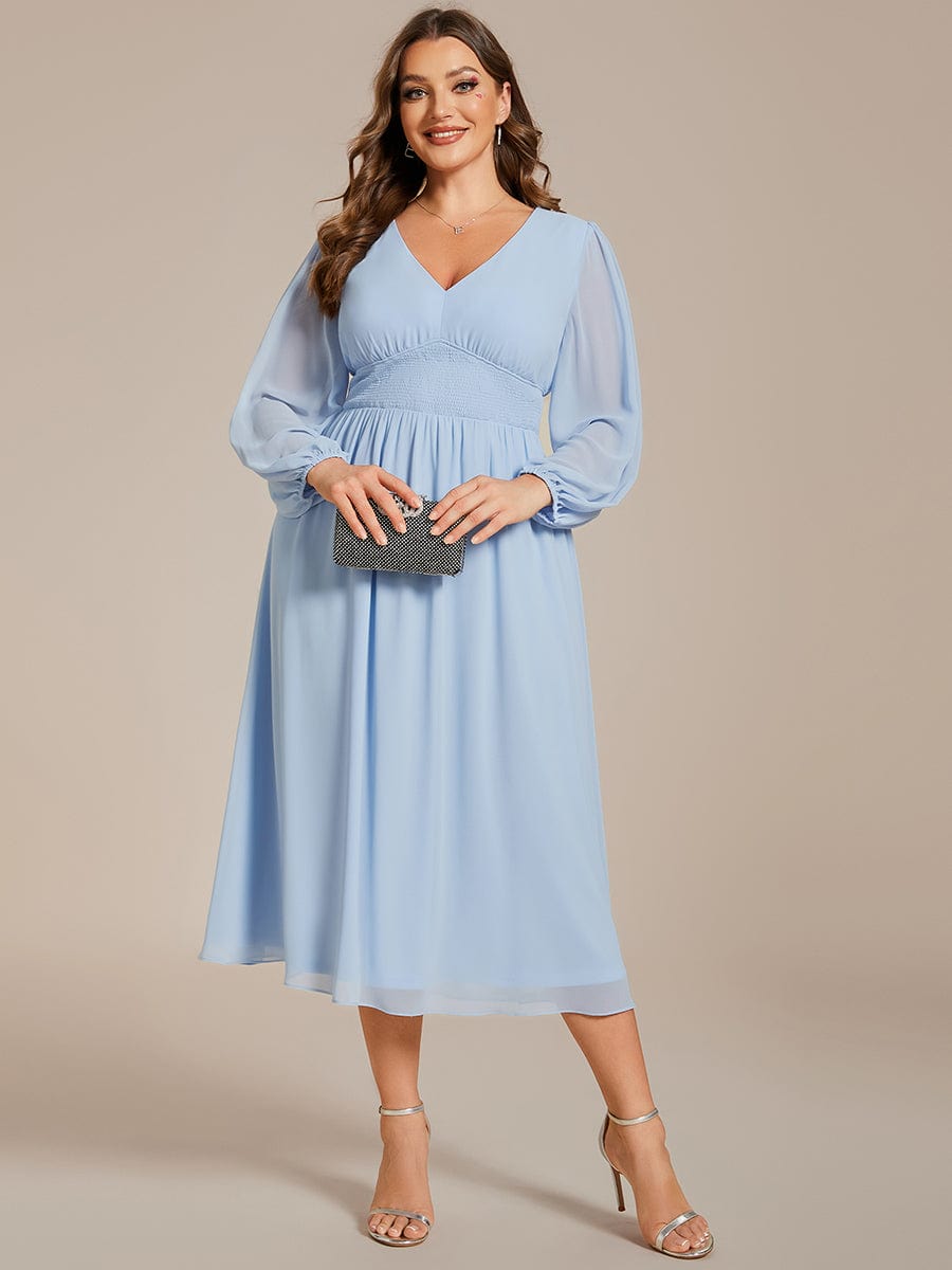 Plus Size Elegant V Neck Long Sleeves Midi Wedding Guest Dress #color_Ice Blue