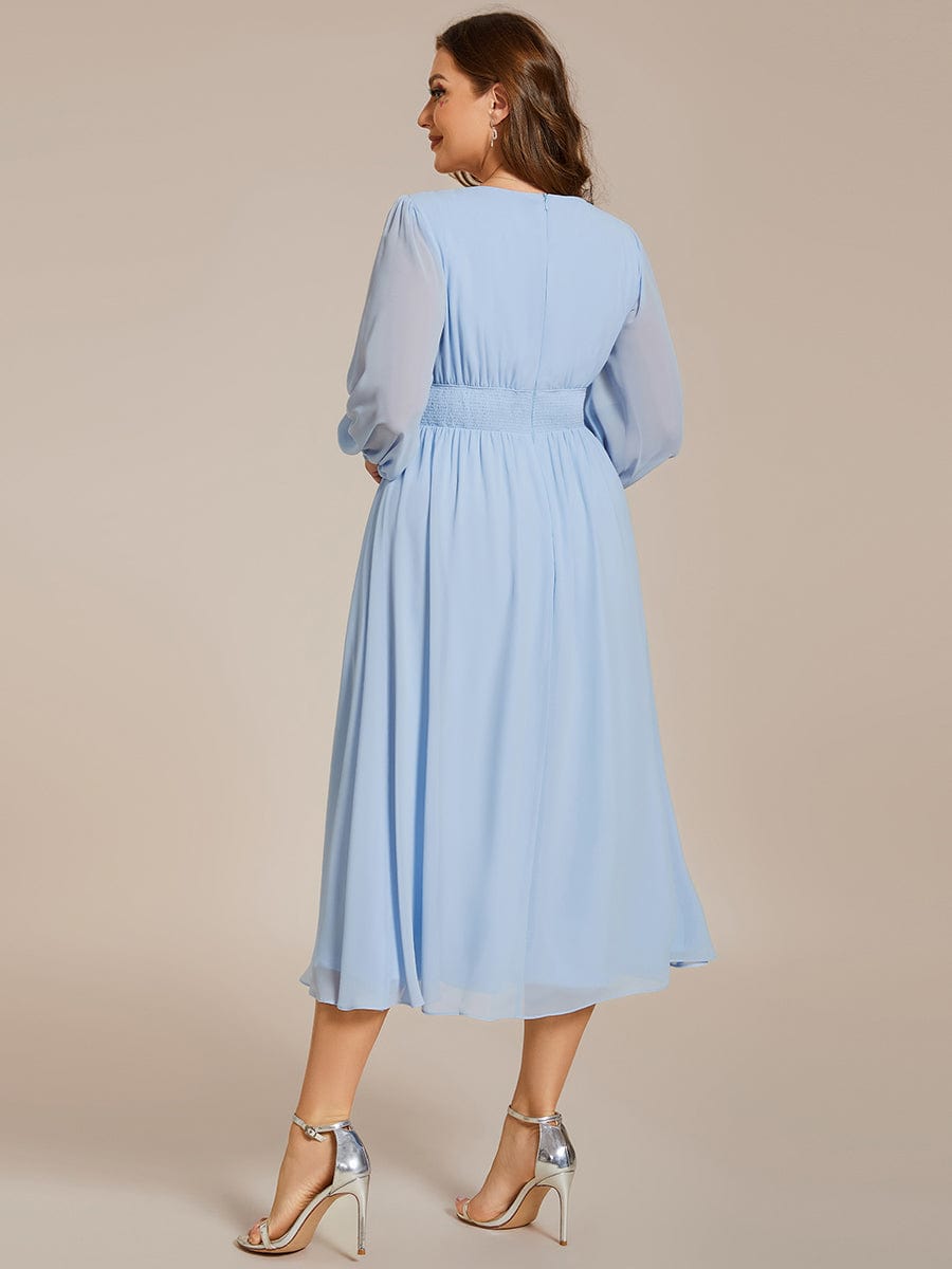 Plus Size Elegant V Neck Long Sleeves Midi Wedding Guest Dress #color_Ice Blue