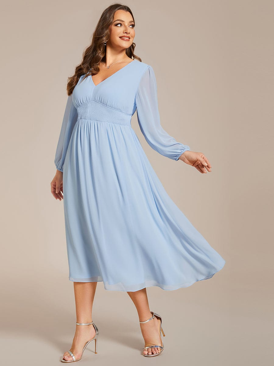 Plus Size Elegant V Neck Long Sleeves Midi Wedding Guest Dress #color_Ice Blue