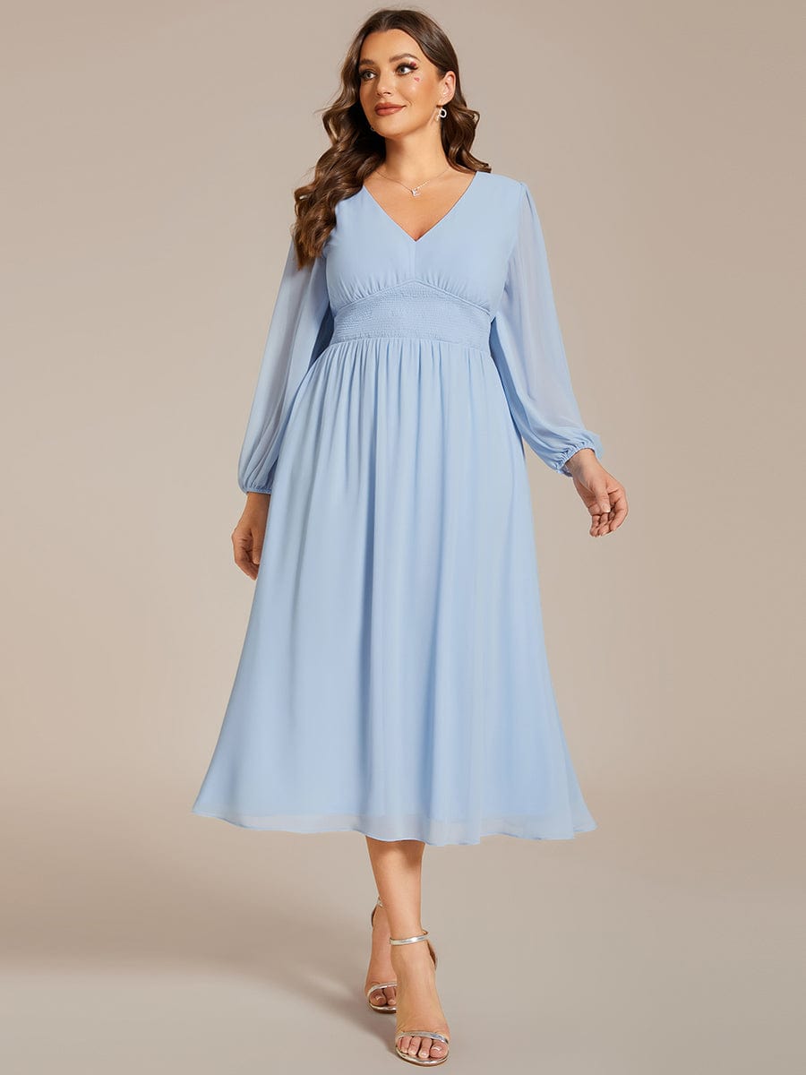 Plus Size Elegant V Neck Long Sleeves Midi Wedding Guest Dress #color_Ice Blue