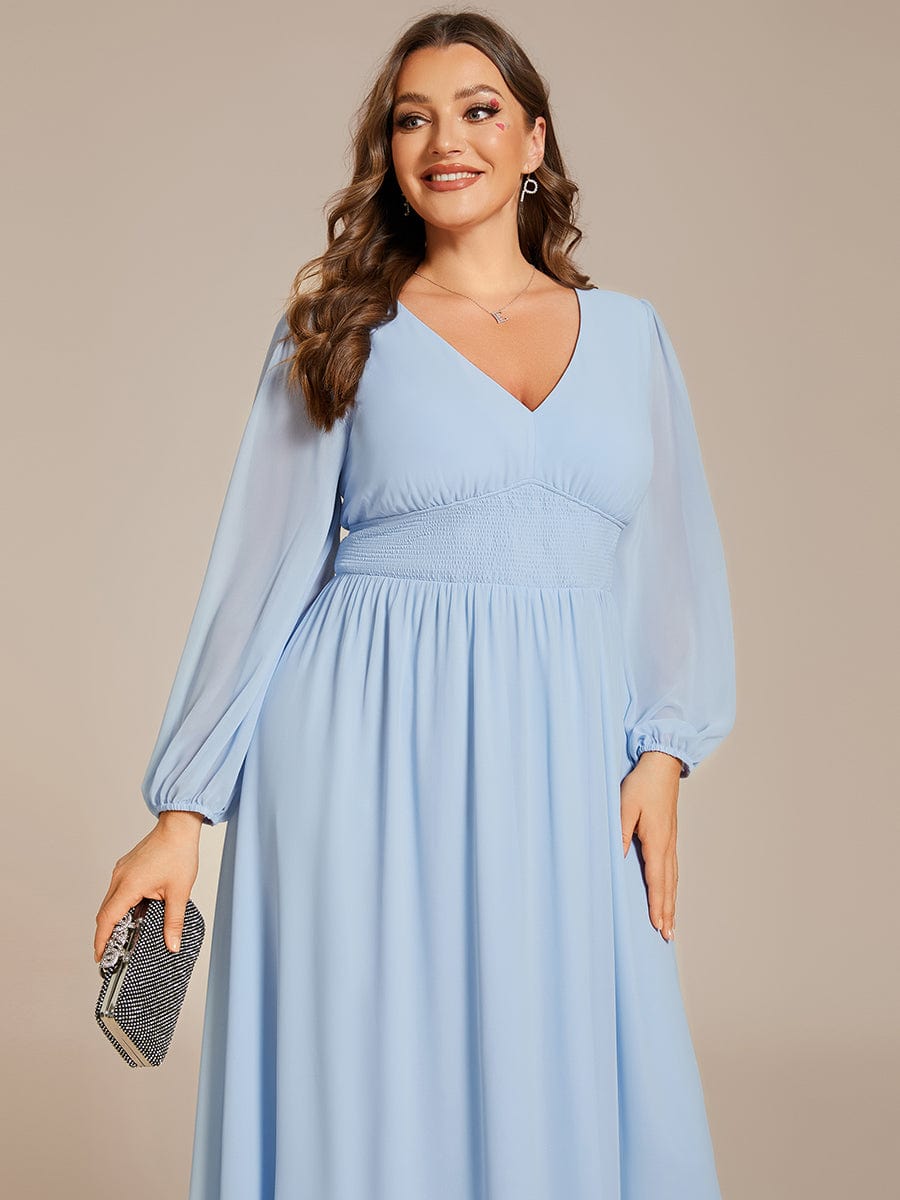 Plus Size Elegant V Neck Long Sleeves Midi Wedding Guest Dress #color_Ice Blue