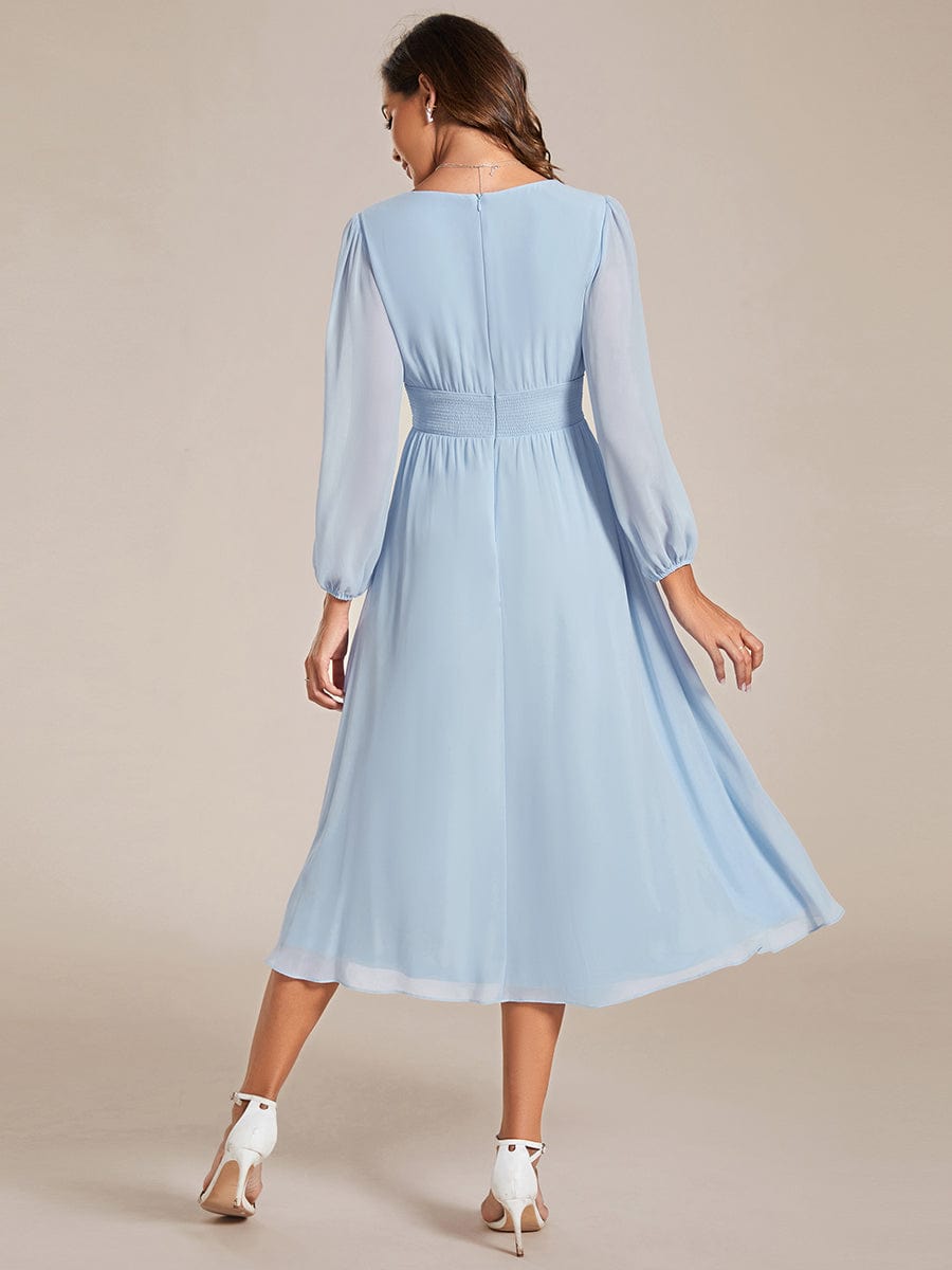 Elegant V Neck Long Sleeves Midi Wedding Guest Dress #color_Ice Blue